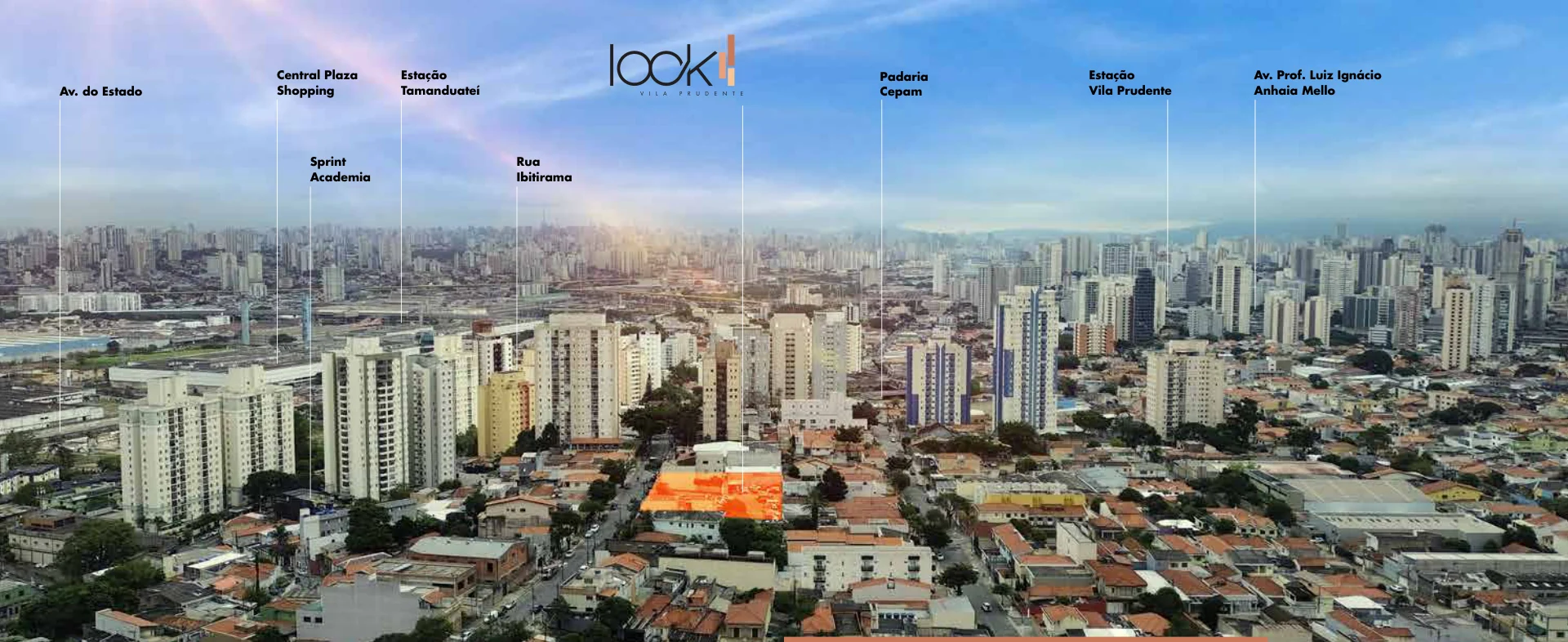 Foto aérea da Vila Prudente com o terreno do LOOK em destaque e os pontos de referência do entorno: Av. do Estado, Central Plaza Shopping, Estação Tamanduateí, Sprint Academia, Rua Ibitirama, Padaria Cepam, Estação Vila Prudente e Av. Prof. Luiz Ignácio Anhaia Mello