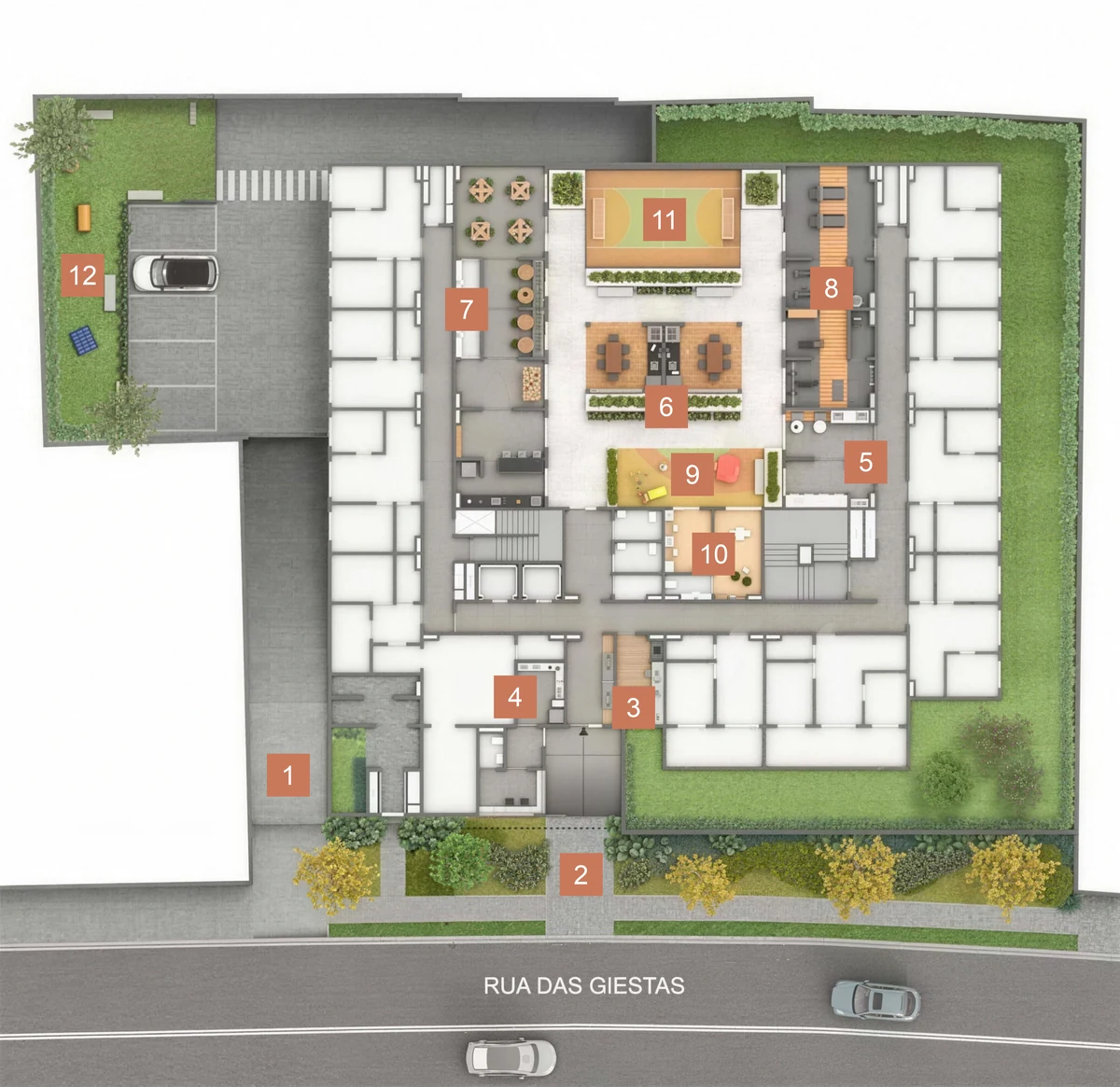 Ilustração artística da implantação do LOOK Vila Prudente, com os doze pontos numerados sobre a planta: 1 entrada de veículos, 2 entrada de pedestres, 3 coworking, 4 espaço delivery, 5 lavanderia, 6 churrasqueira, 7 salão de festas, 8 fitness, 9 playground, 10 brinquedoteca, 11 quadra e 12 pet place